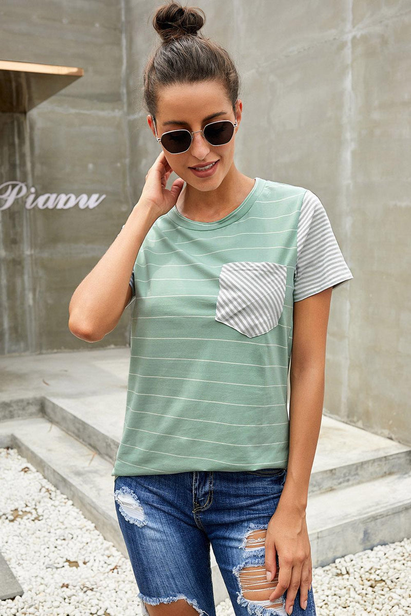 Women's Green Striped Short Sleeve Contrast Color T-Shirt with Pocket