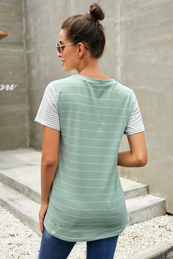 Women's Green Striped Short Sleeve Contrast Color T-Shirt with Pocket