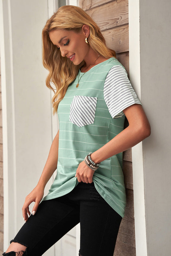 Women's Green Striped Short Sleeve Contrast Color T-Shirt with Pocket