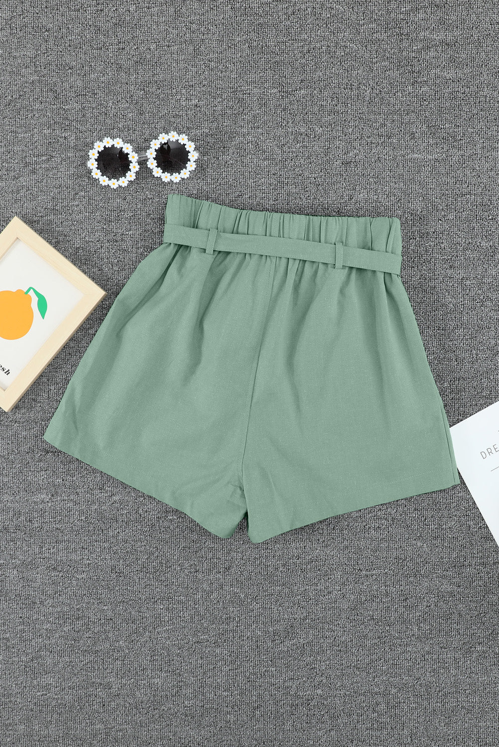 Women's Green Tie Waist Casual Shorts with Pockets