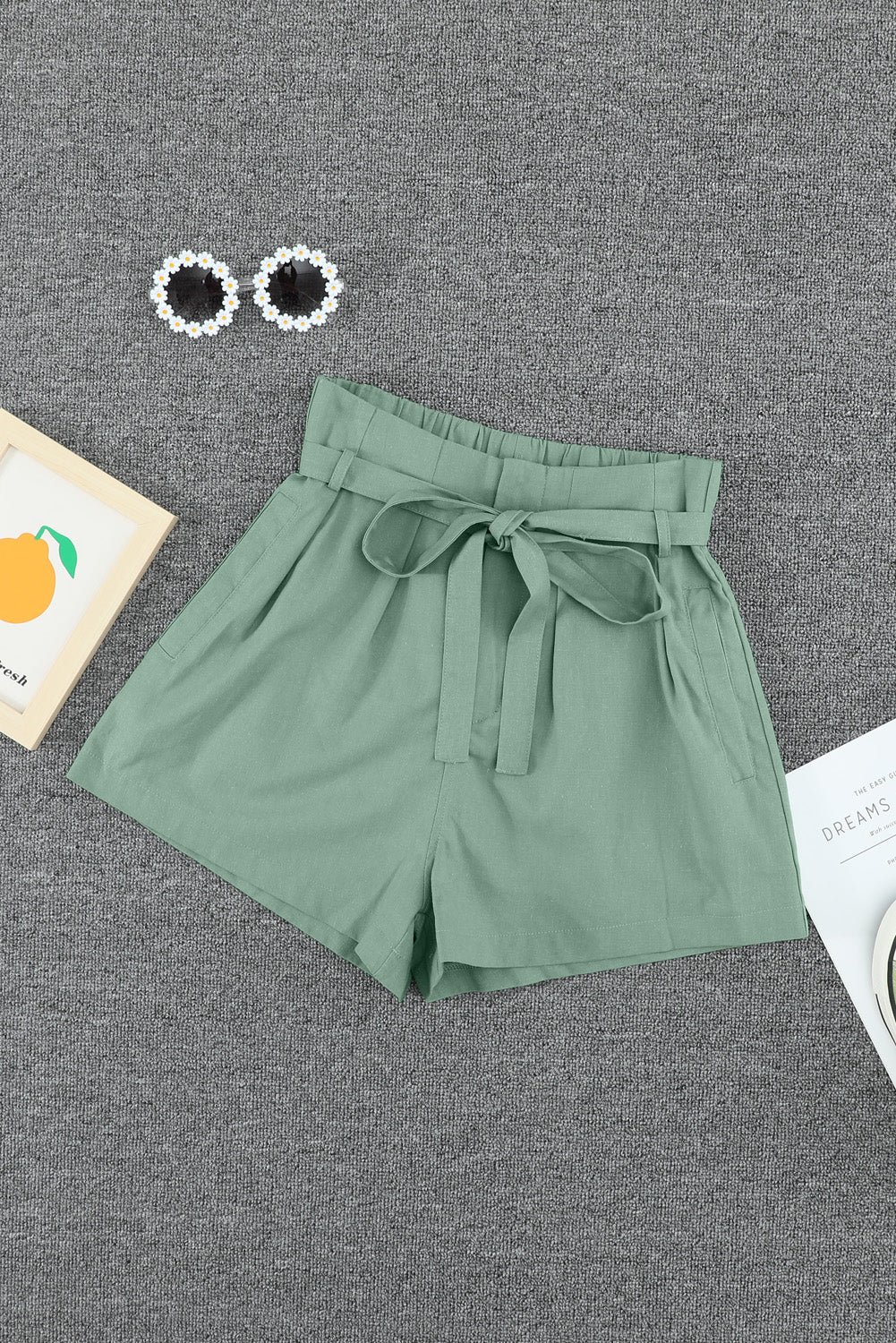 Women's Green Tie Waist Casual Shorts with Pockets