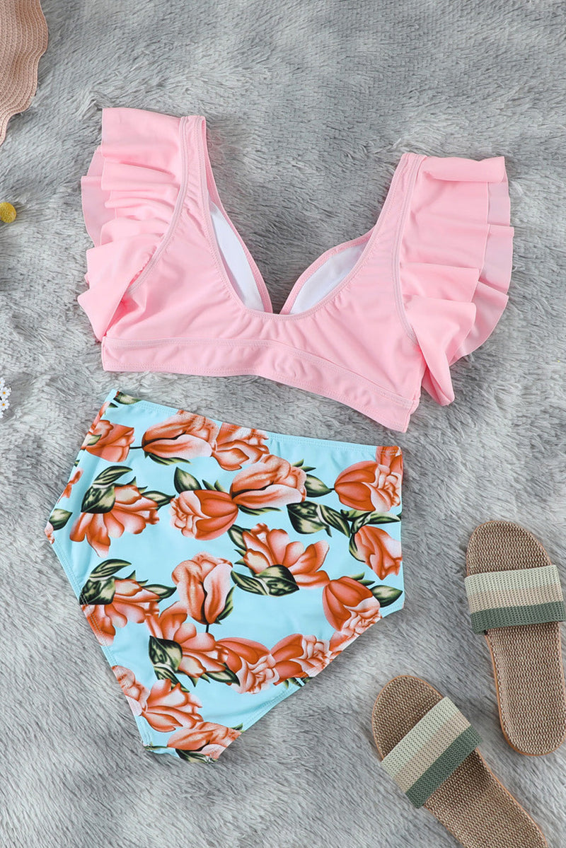 Women's Pink Floral Ruffled Hem High Waist Swimsuit