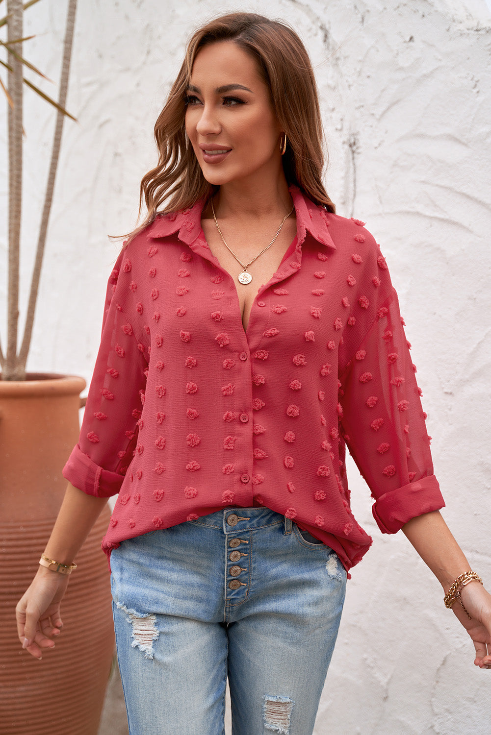 Women's Red Long Sleeve Button Fuzzy Polka Dot Work Shirt