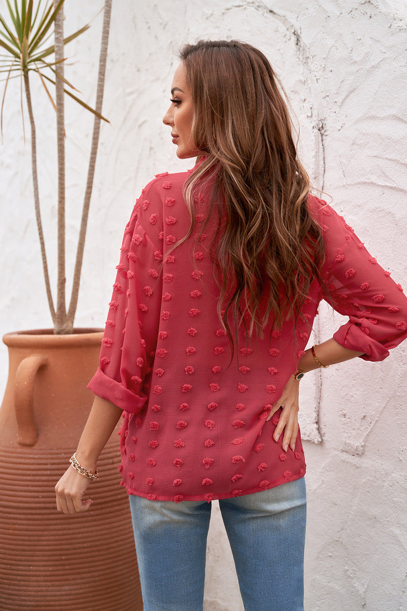 Women's Red Long Sleeve Button Fuzzy Polka Dot Work Shirt