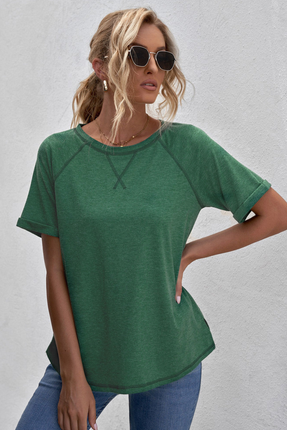 Women's Short Sleeve Green Heathered Round Neck T-shirt