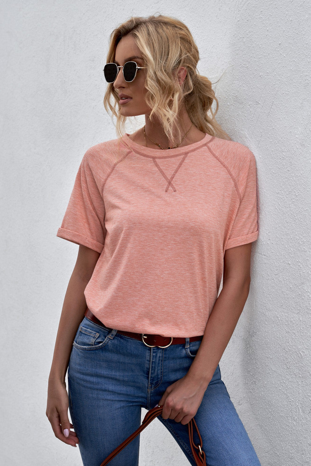 Women's Short Sleeve Pink Heathered Round Neck T-shirt