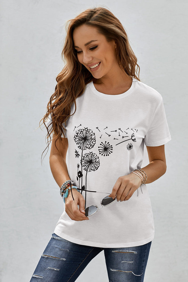 Women's White Crew Neck Dandelion Print Short Sleeve T-shirt