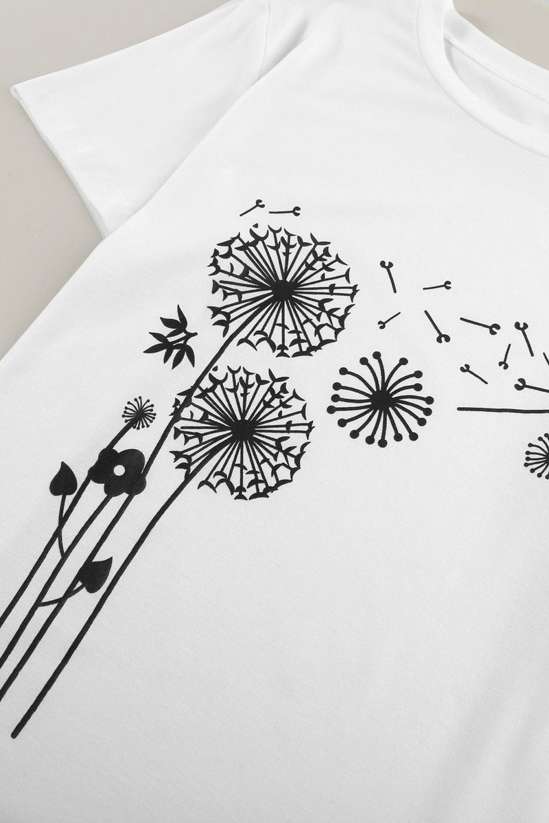 Women's White Crew Neck Dandelion Print Short Sleeve T-shirt