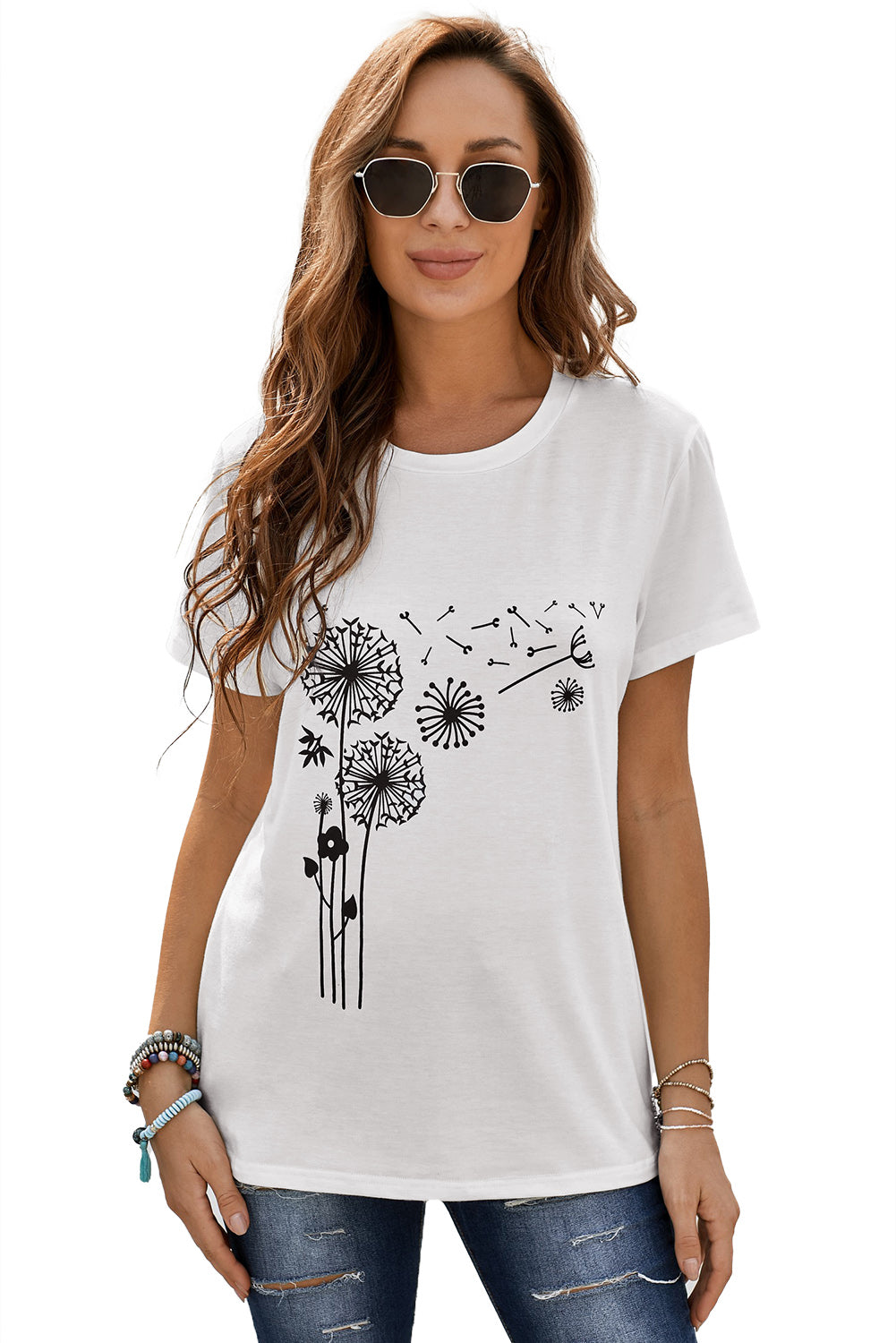 Women's White Crew Neck Dandelion Print Short Sleeve T-shirt