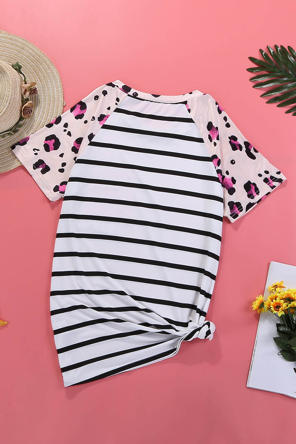 Women's White Leopard Stripe Pocket Short Sleeve T-shirt