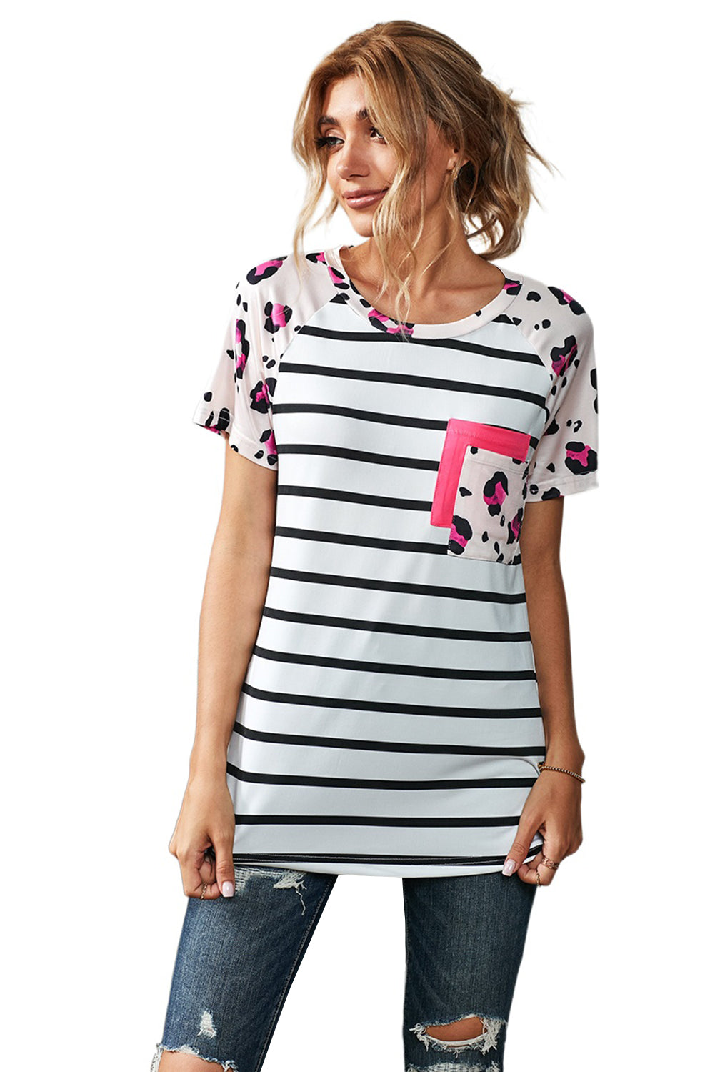 Women's White Leopard Stripe Pocket Short Sleeve T-shirt