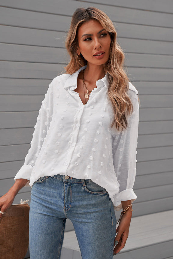 Women's White Long Sleeve Button Fuzzy Polka Dot Work Shirt