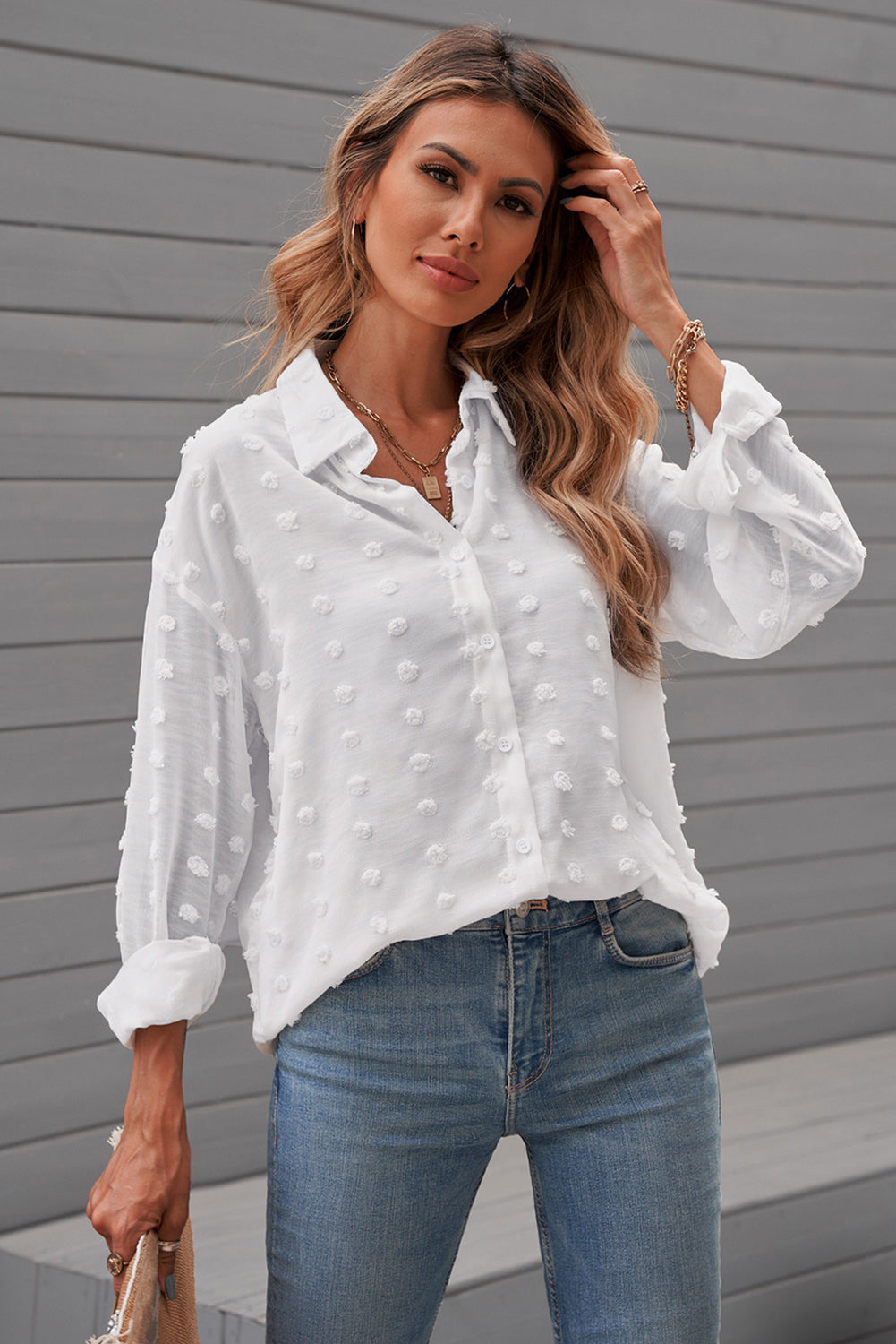 Women's White Long Sleeve Button Fuzzy Polka Dot Work Shirt