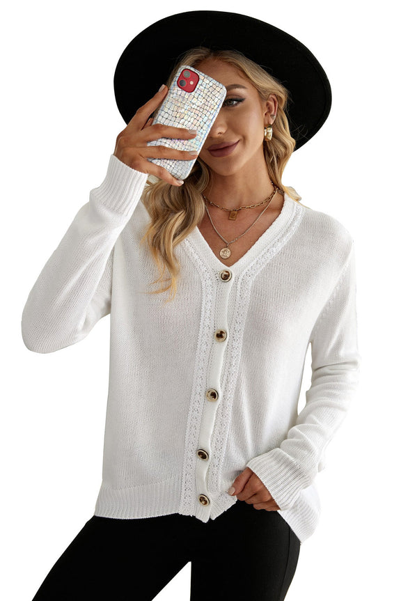 Women's White V Neck Lace Splicing Buttoned Cardigan