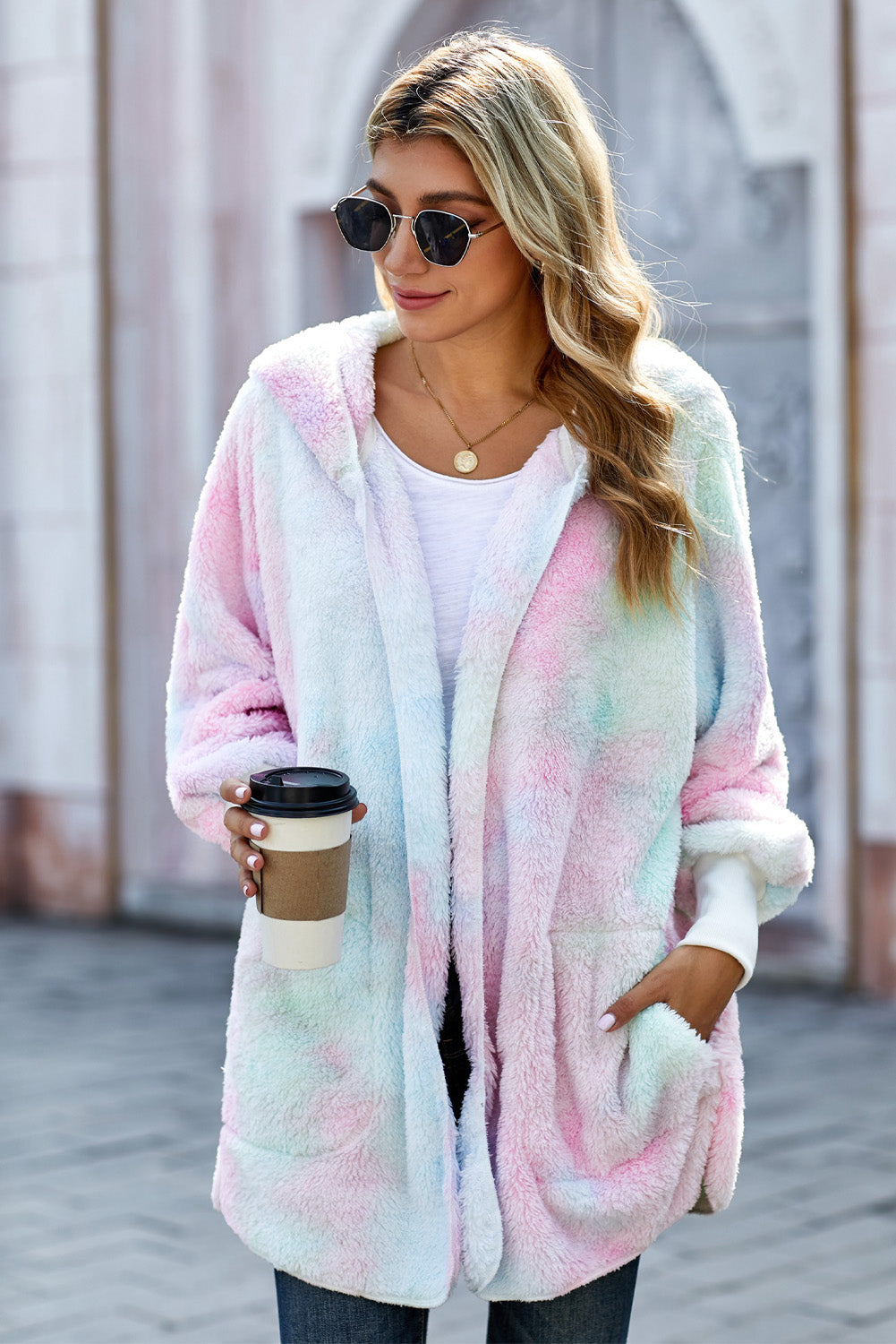 Women's Winter Multicolor Tie Dye Soft Fleece Hooded Open Front Coat