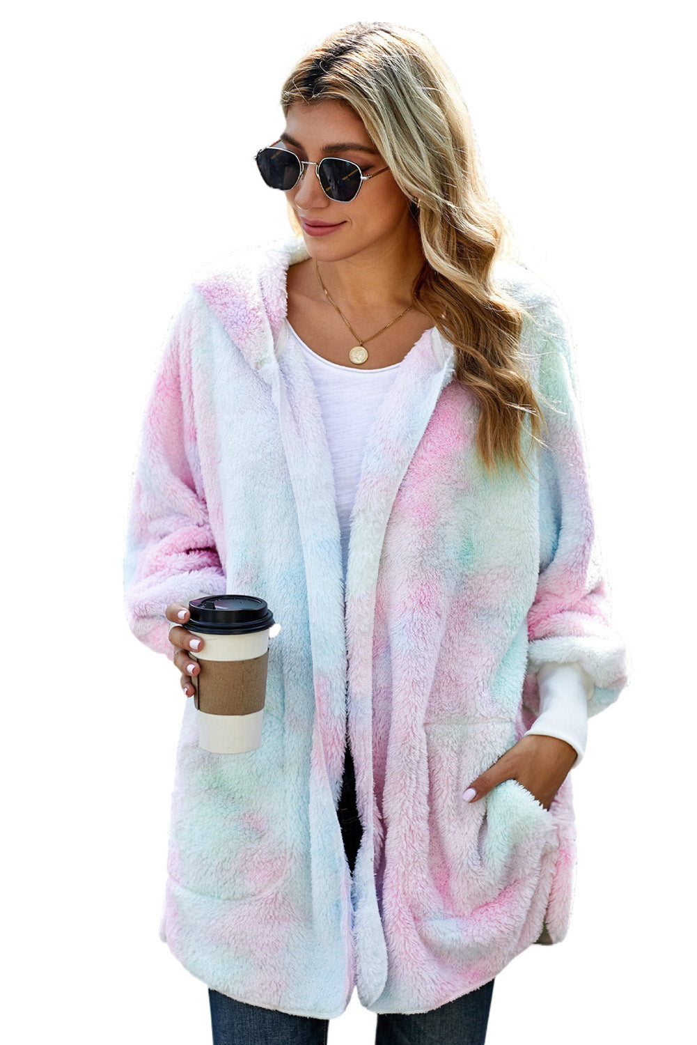 Women's Winter Multicolor Tie Dye Soft Fleece Hooded Open Front Coat