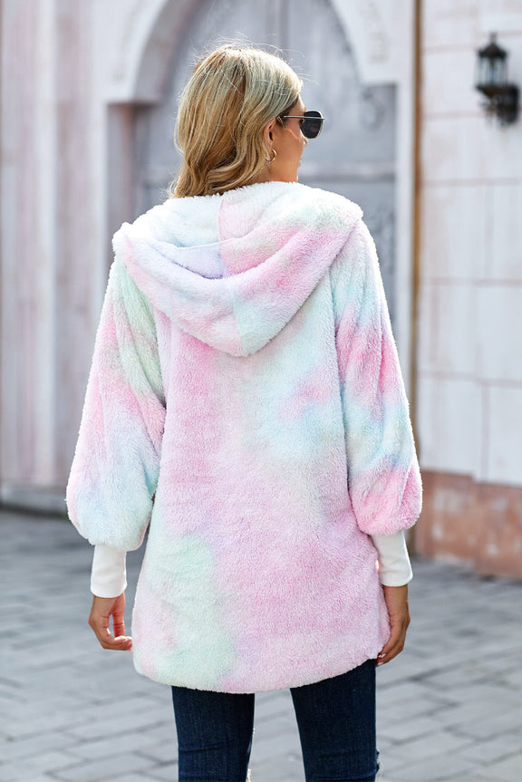 Women's Winter Multicolor Tie Dye Soft Fleece Hooded Open Front Coat