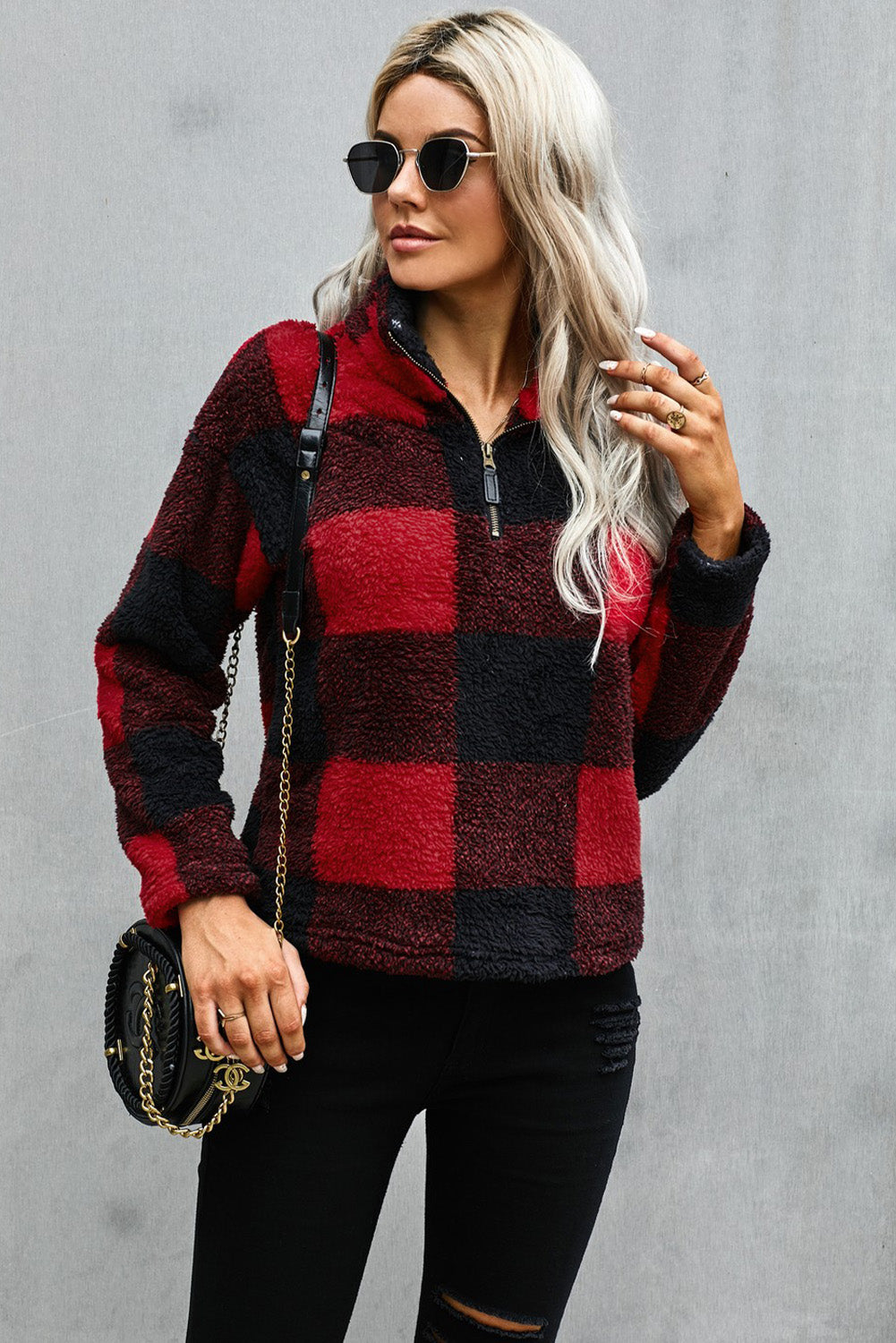 Women's Winter Red Plaid Zip Collar Plush Pullover Sweatshirt