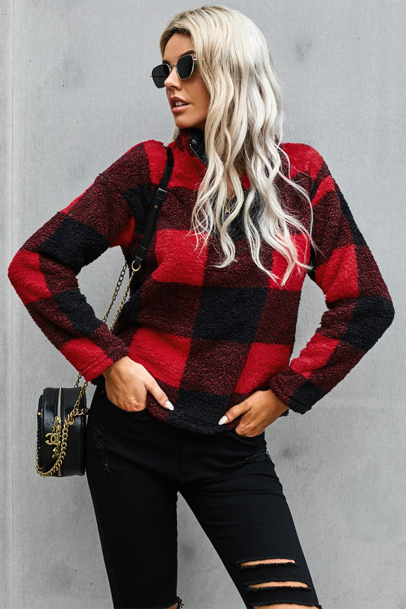 Women's Winter Red Plaid Zip Collar Plush Pullover Sweatshirt