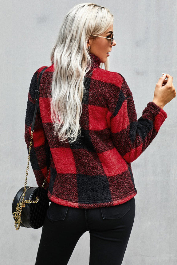 Women's Winter Red Plaid Zip Collar Plush Pullover Sweatshirt