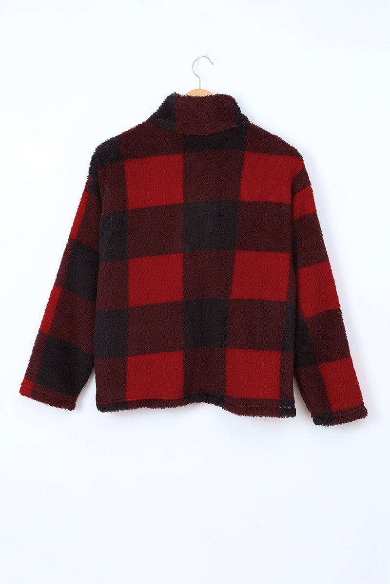 Women's Winter Red Plaid Zip Collar Plush Pullover Sweatshirt