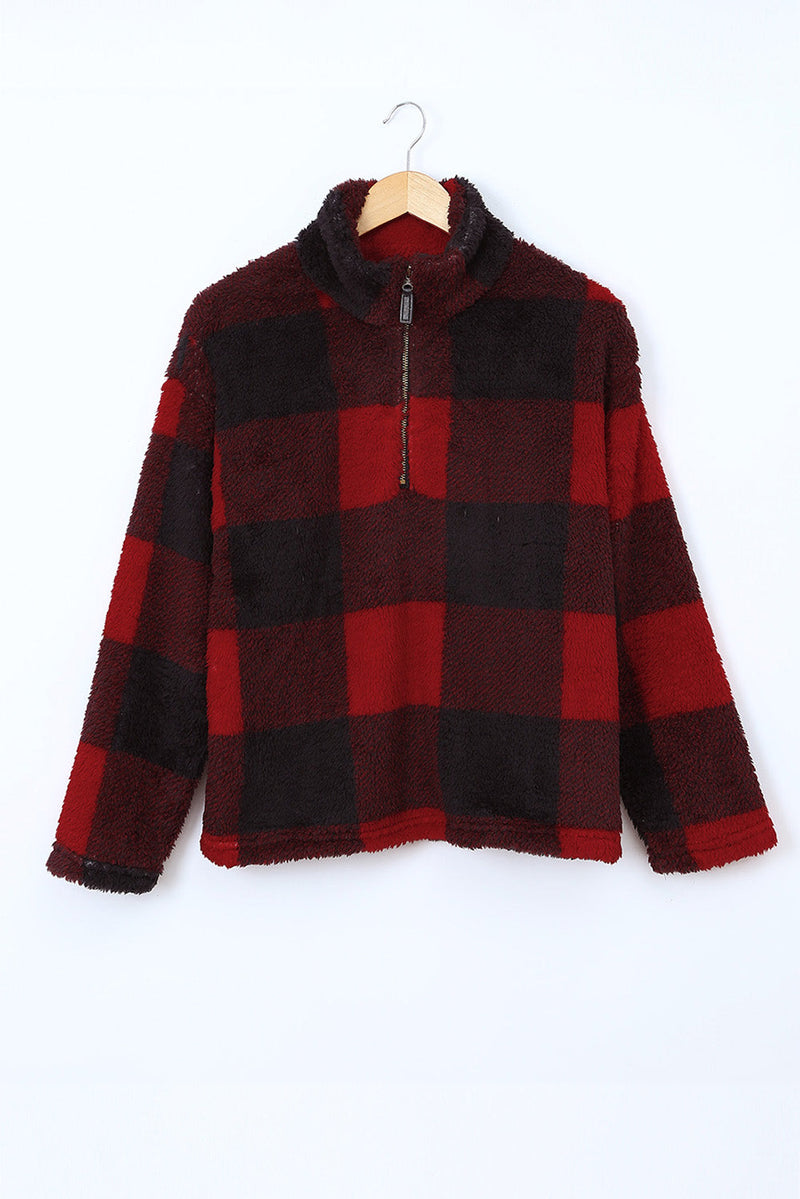 Women's Winter Red Plaid Zip Collar Plush Pullover Sweatshirt