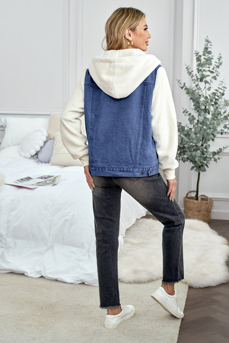 Womens Blue Sherpa Denim Splicing Buttoned Jacket