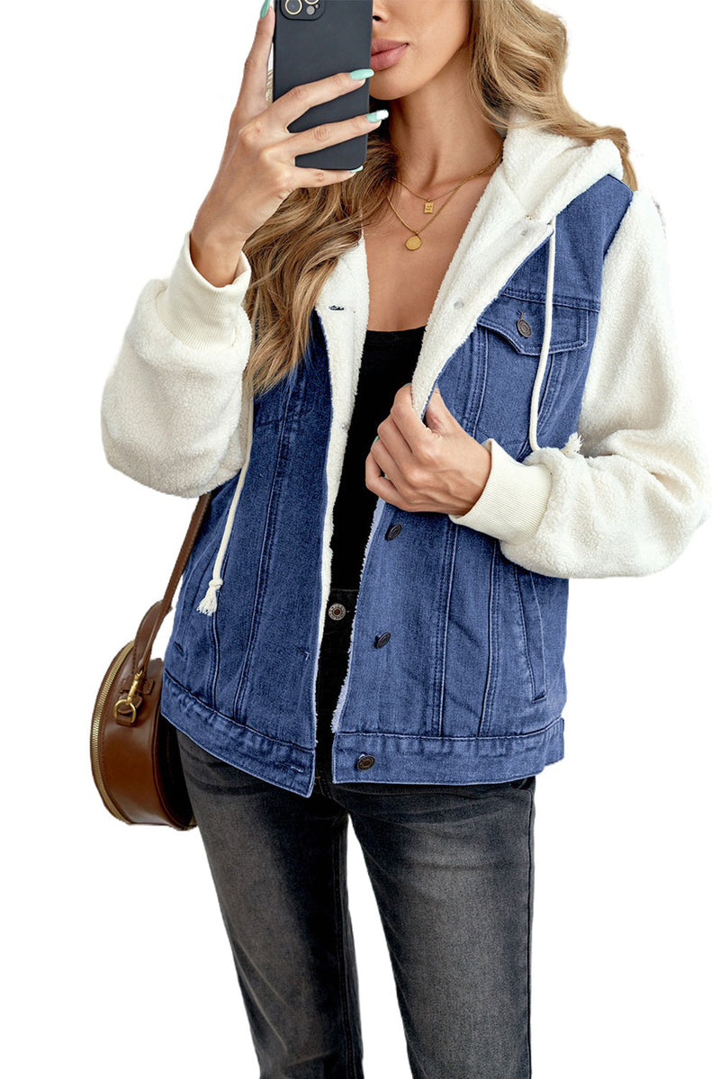 Womens Blue Sherpa Denim Splicing Buttoned Jacket