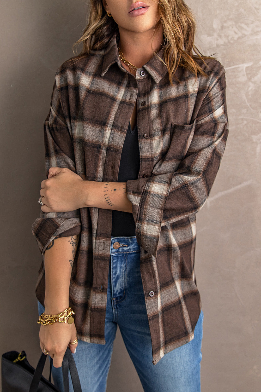 Womens Casual Brown Drop Shoulder Plaid Shirt