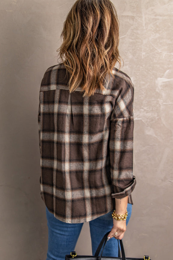 Womens Casual Brown Drop Shoulder Plaid Shirt