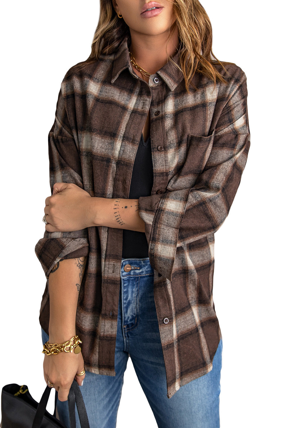 Womens Casual Brown Drop Shoulder Plaid Shirt