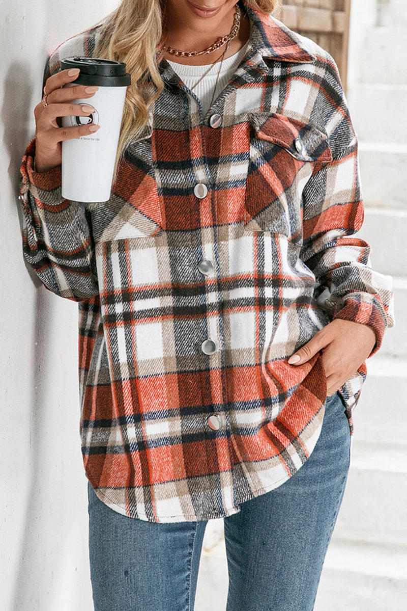 Womens Casual Orange Chest Pockets Flannel Plaid Shirt