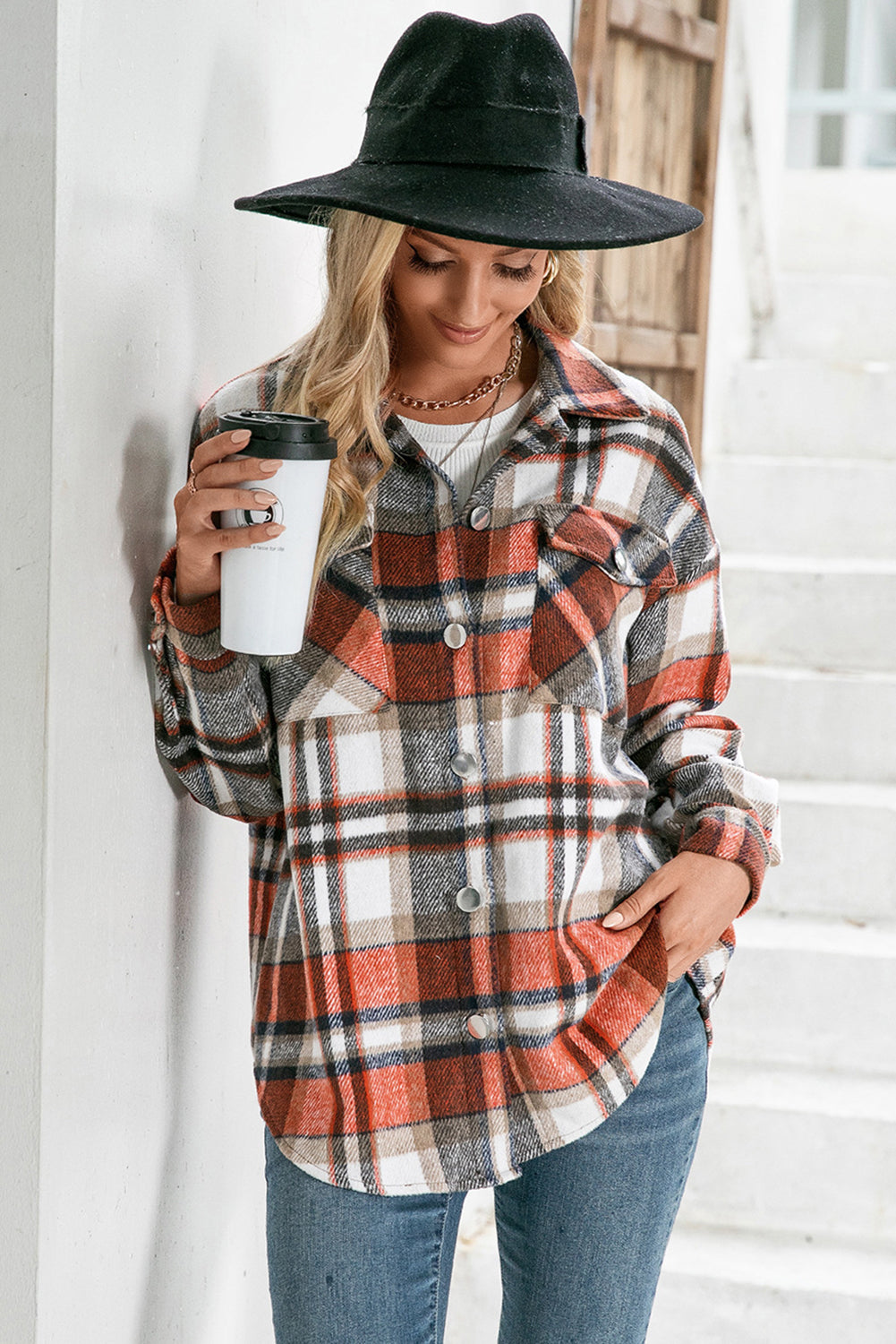 Womens Casual Orange Chest Pockets Flannel Plaid Shirt