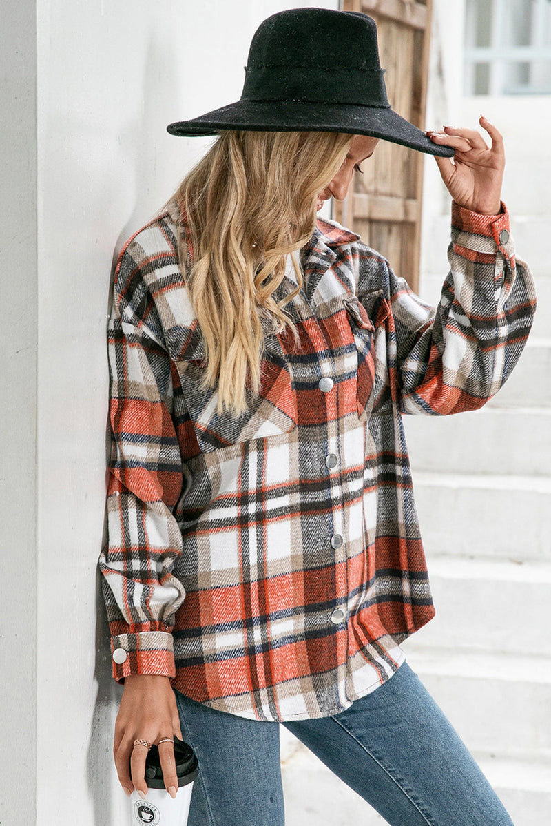 Womens Casual Orange Chest Pockets Flannel Plaid Shirt