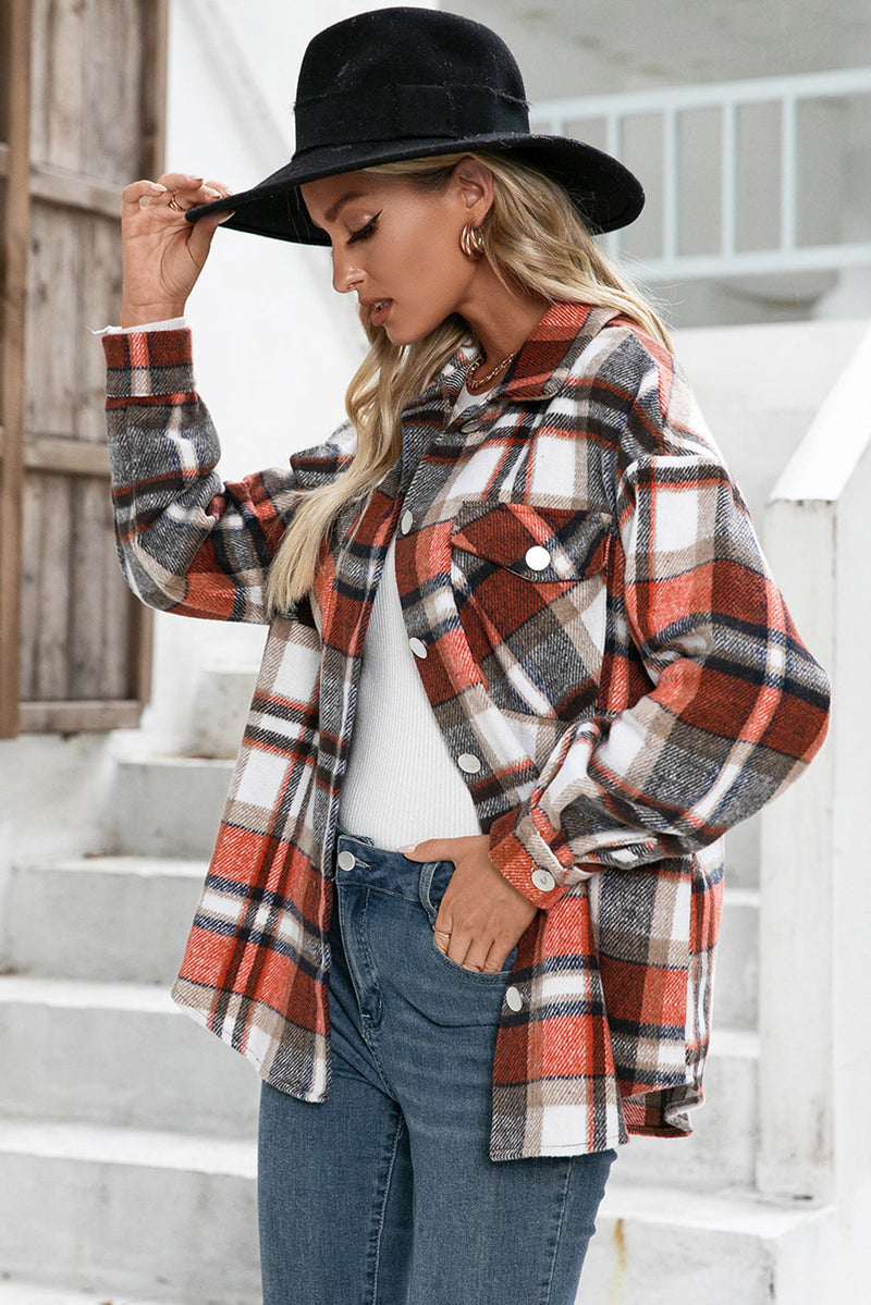 Womens Casual Orange Chest Pockets Flannel Plaid Shirt