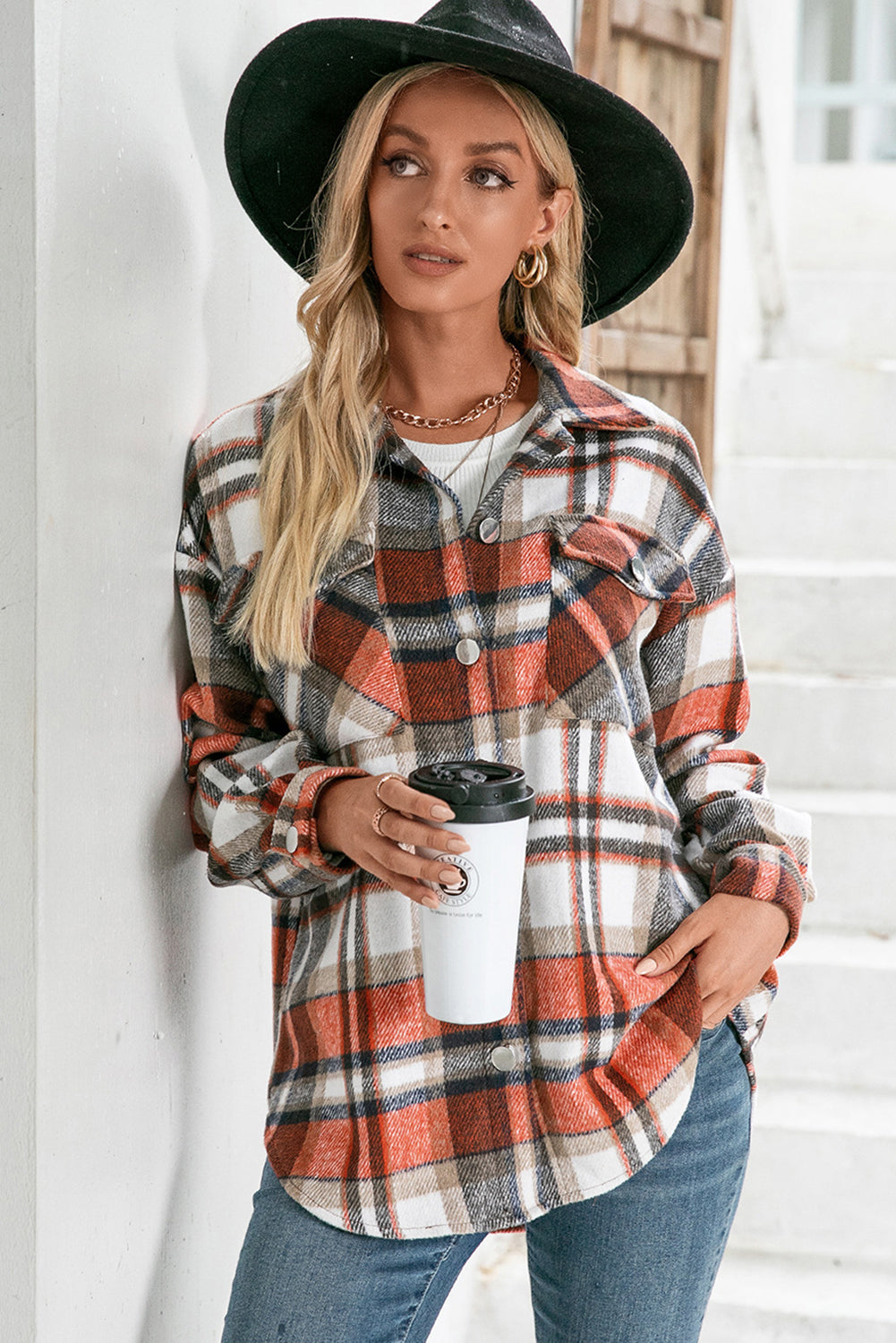 Womens Casual Orange Chest Pockets Flannel Plaid Shirt