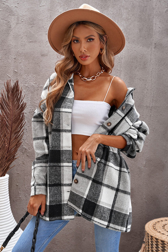 Womens Gray Plaid Print Buttoned Shirt Jacket