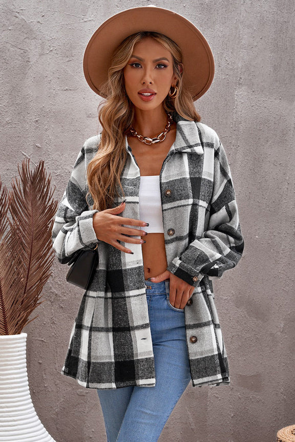 Womens Gray Plaid Print Buttoned Shirt Jacket