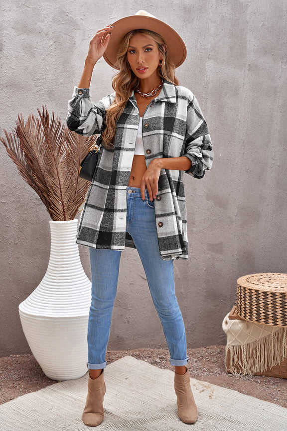 Womens Gray Plaid Print Buttoned Shirt Jacket