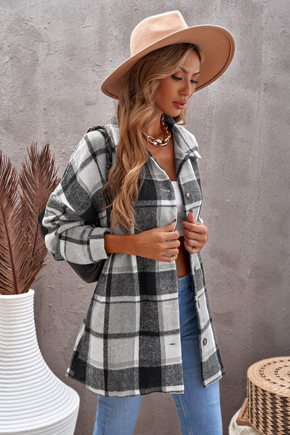 Womens Gray Plaid Print Buttoned Shirt Jacket