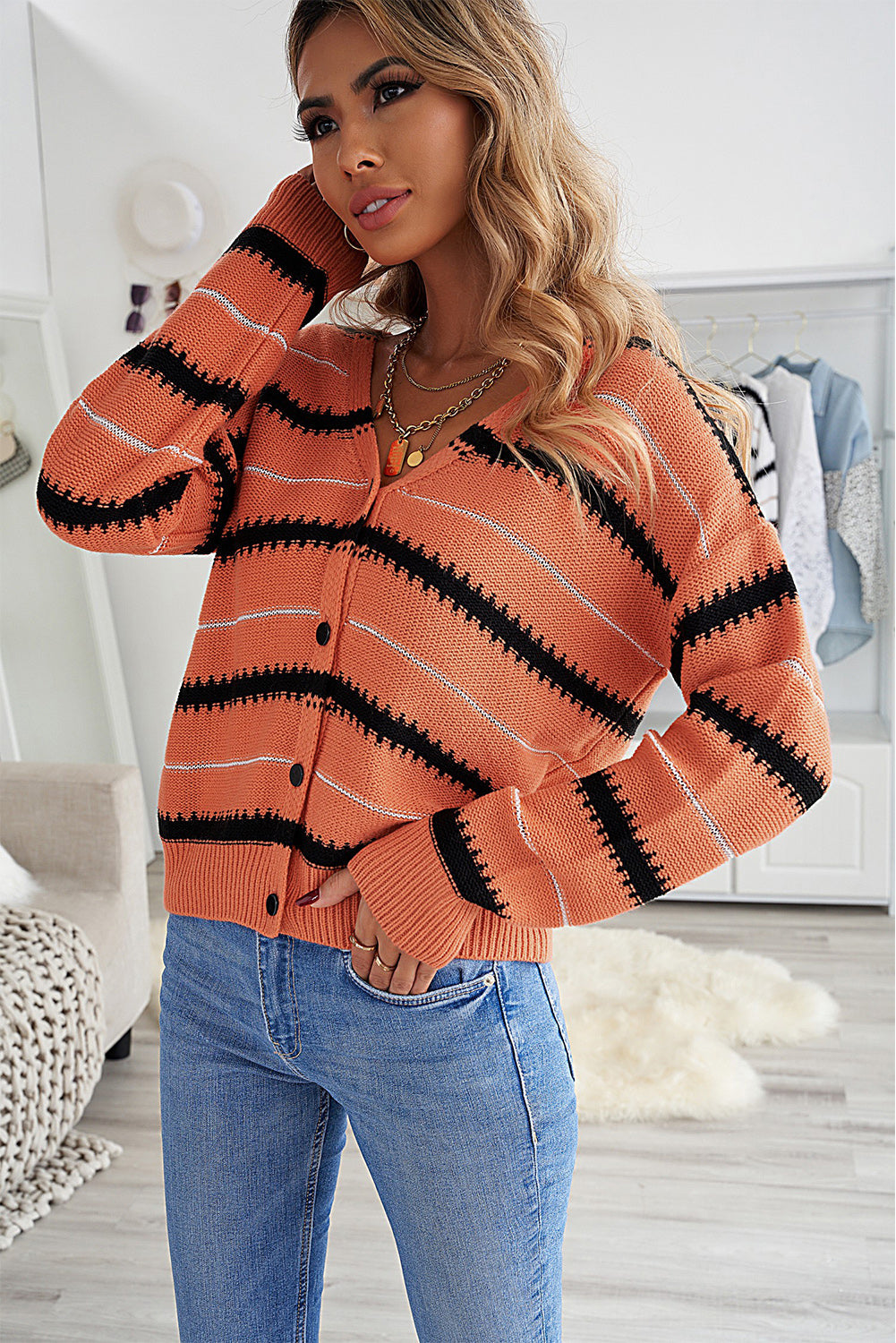 Womens Orange V Neck Stripes Colorblock Button Cardigan