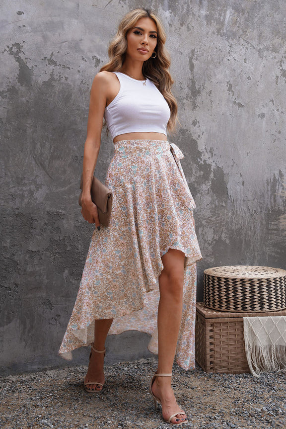 Wrap Style High Waist High-low Ruffle Hemline Floral Skirt, Shop for cheap Wrap Style High Waist High-low Ruffle Hemline Floral Skirt online? Buy at Modeshe.com on sale!