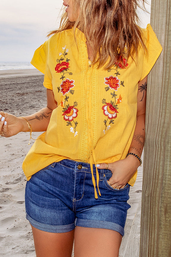 Yellow Floral Embroidered Flutter Sleeve Top