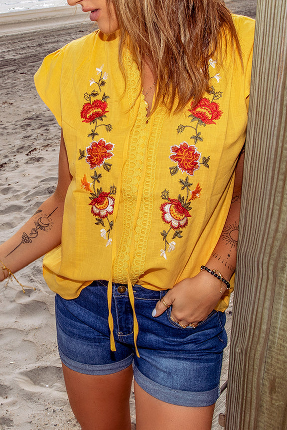 Yellow Floral Embroidered Flutter Sleeve Top