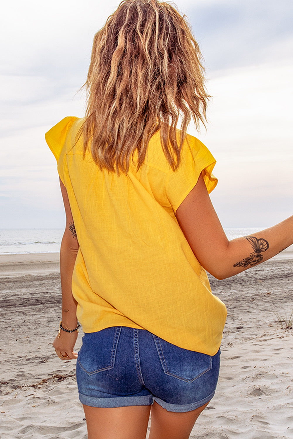 Yellow Floral Embroidered Flutter Sleeve Top