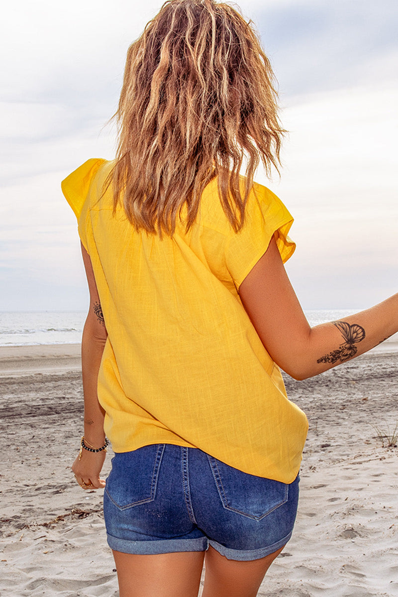 Yellow Floral Embroidered Flutter Sleeve Top