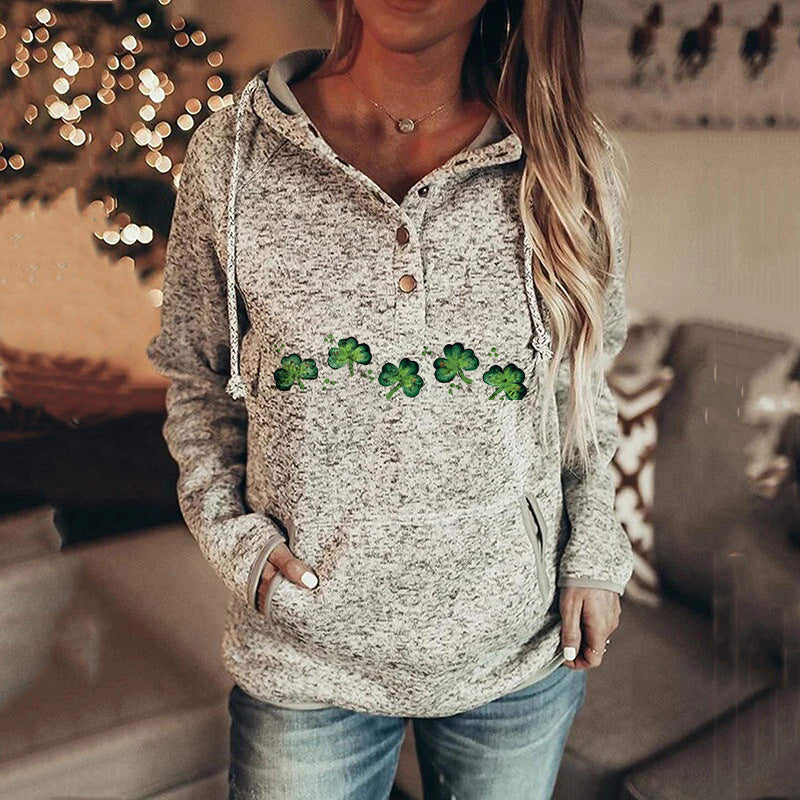 Women's St. Patrick's Irish Day Hooded Buttoned Long Sleeve Sweatshirt