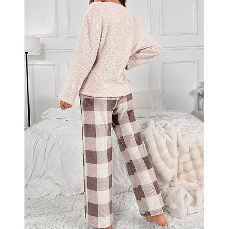 Thermal Flannel Home Wear Loose Plaid Trousers Two-piece Suit (11477629272332)