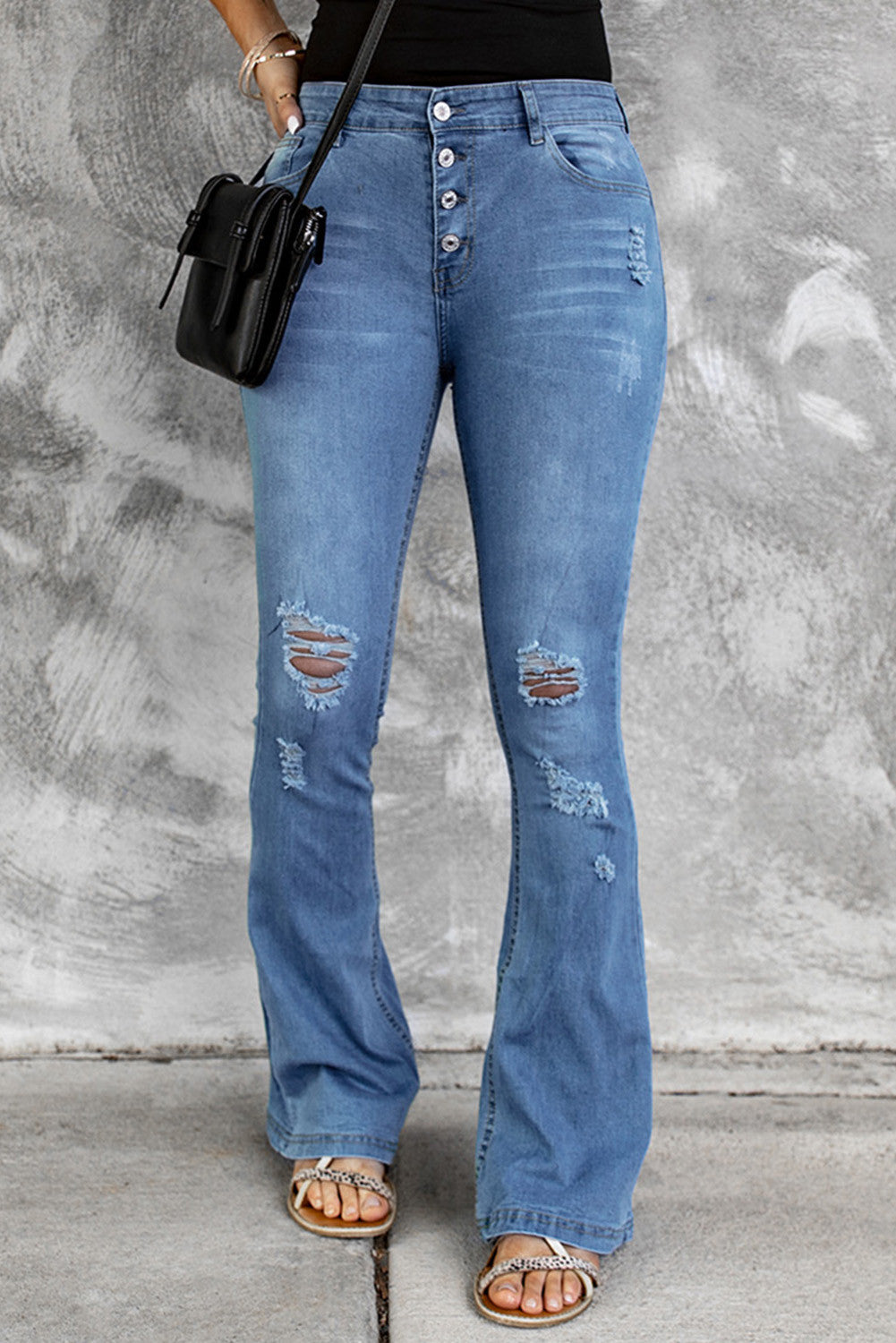 Womens Light Blue Mid Rise Button Front Flare Jeans