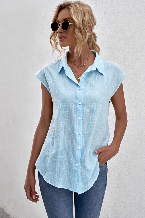 Sky Blue Turn-down Collar Button Front Sleeveless Shirt